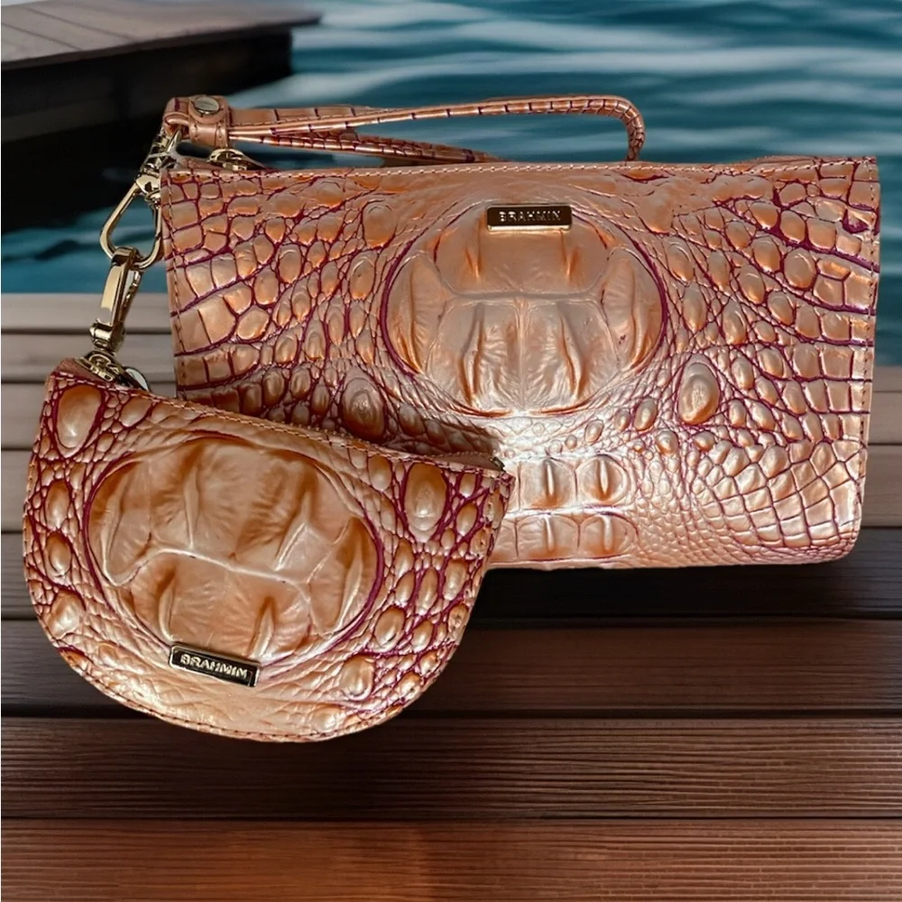Brahmin Daisy APRICOT ROSE Wristlet Clutch & Clip On Britt Card Coin Wallet-2 PC - Picture 2 of 16